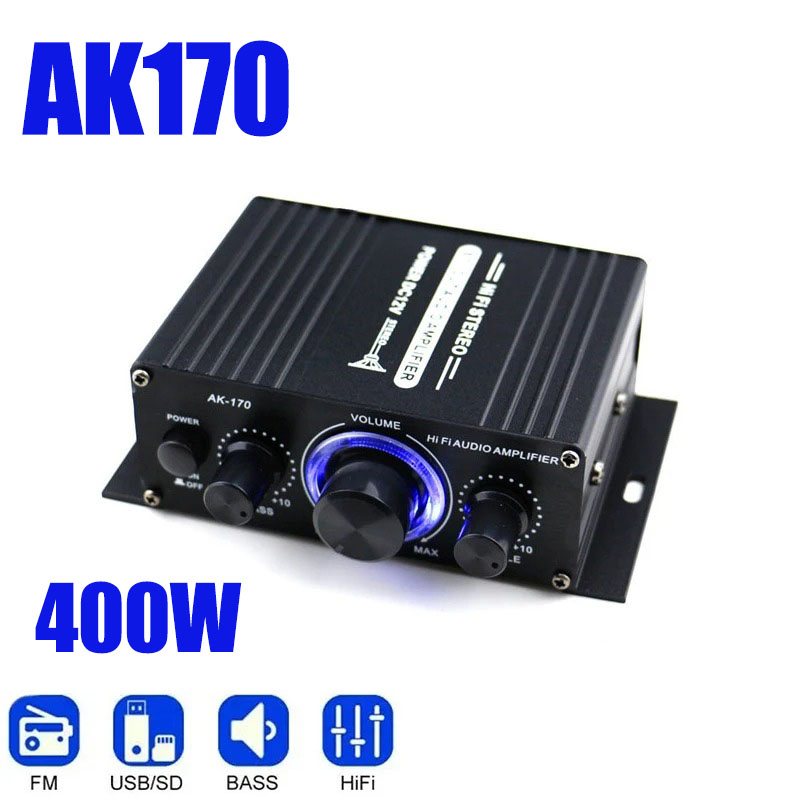Audio Music Generator - AK170 ミニデジタルパワーオーディオカーアンプブルーライトステレオオーディオアンプホームシアタークラブパーティー音楽 200Wx2 電源