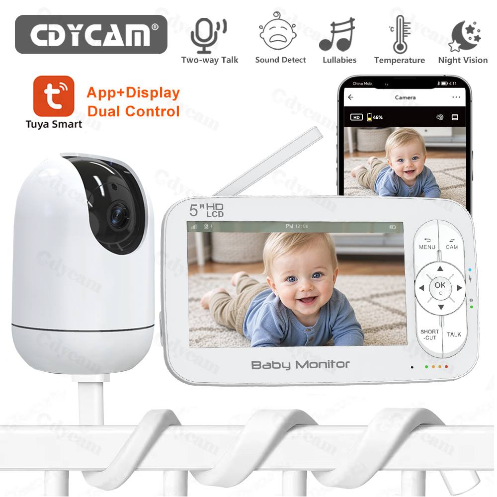 Audio Music Apps - 5インチWiFiベビーモニターTuyaアプリ+モニターデュアルコントロール電子ベビーシッター4倍ズームPTZカメラ双方向音声ナイトビジョンベビーフォン