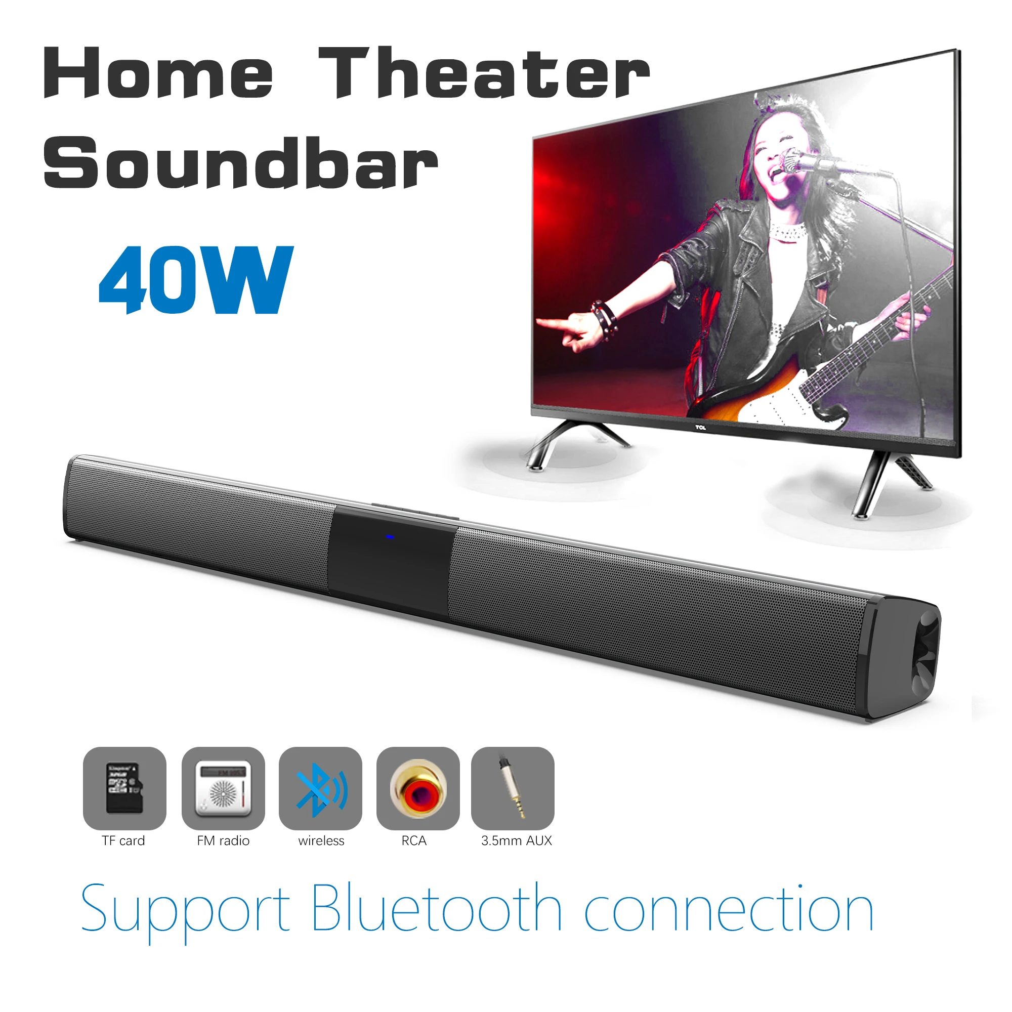 Audio Music Generator - Bluetoothワイヤレスサウンドバー,40W,ホームシアター,サウンドシステム,FMラジオ,サブウーファー,RCAサウンドボックス,TFカード,テレビ,コンピューター