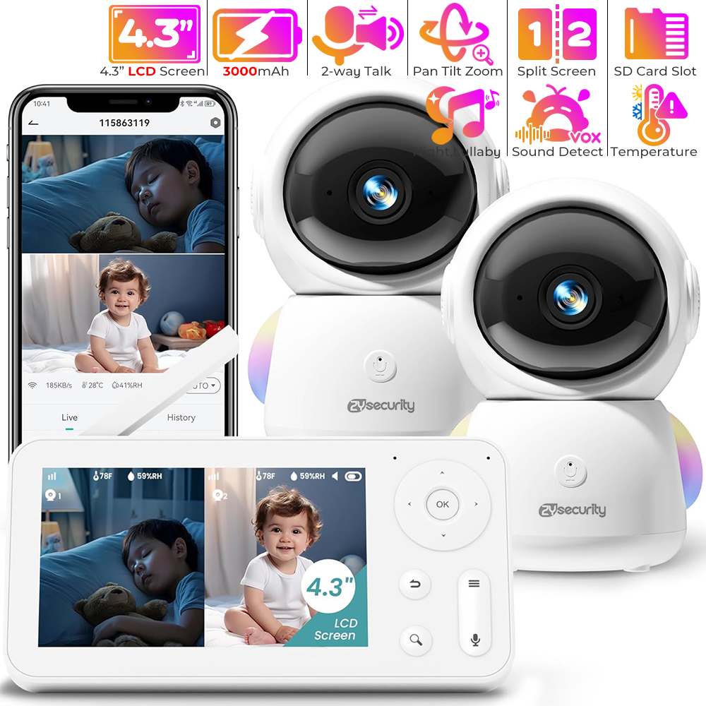 Audio Music Apps - カメラとオーディオを備えたベビーモニター,常夜灯,2台のカメラ,wifi,スマートフォン,2.4g,保育園,ペット,高齢者向け,355 ° 回転,RGB, 2k